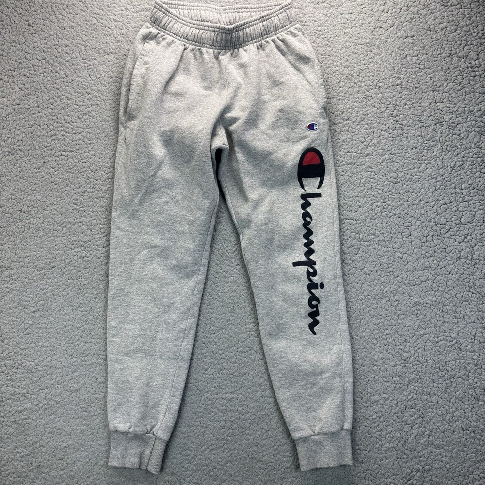 Champion Sweatpants Mens Small Gray Spell Out Tapered Joggers Pockets Fleece